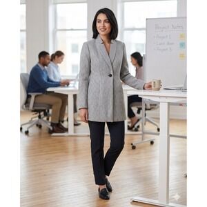 Chartou Womens Grey Herringbone Single Button Longline Blazer Jacket Size XL NWT